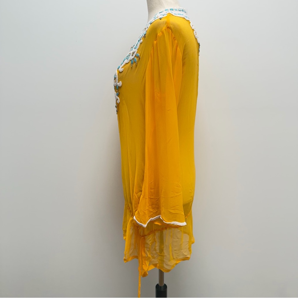 Kareena’s Beaded Tunic Yellow Long Sleeve Coverup Size Medium - Picture 7 of 11